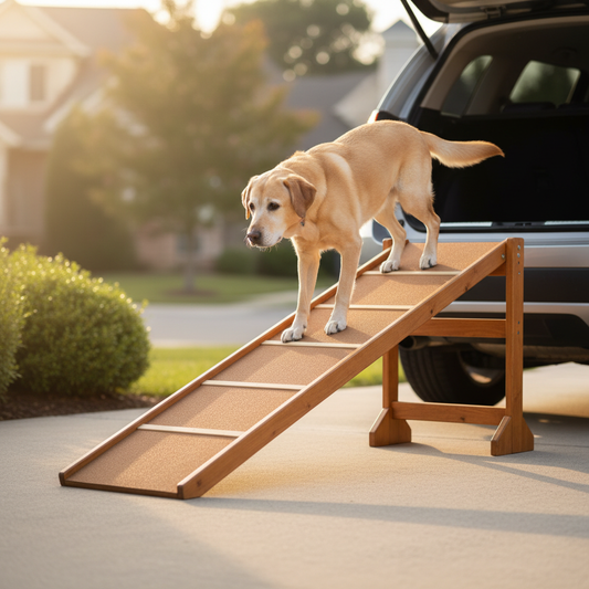 Chien senior se déplaçant en toute sécurité grâce à un aménagement adapté