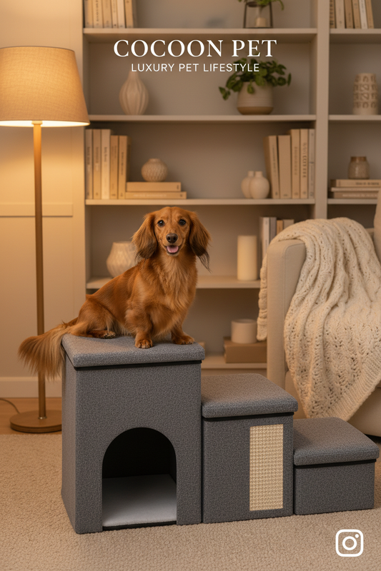 Chien senior installé confortablement dans son coin repos à la maison