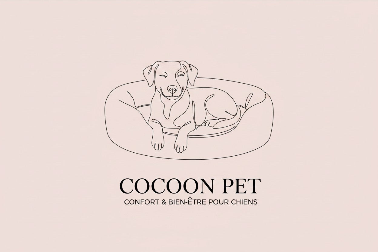 Illustration Cocoon Pet : chien apaisé dans son panier — Confort et bien-être pour chiens